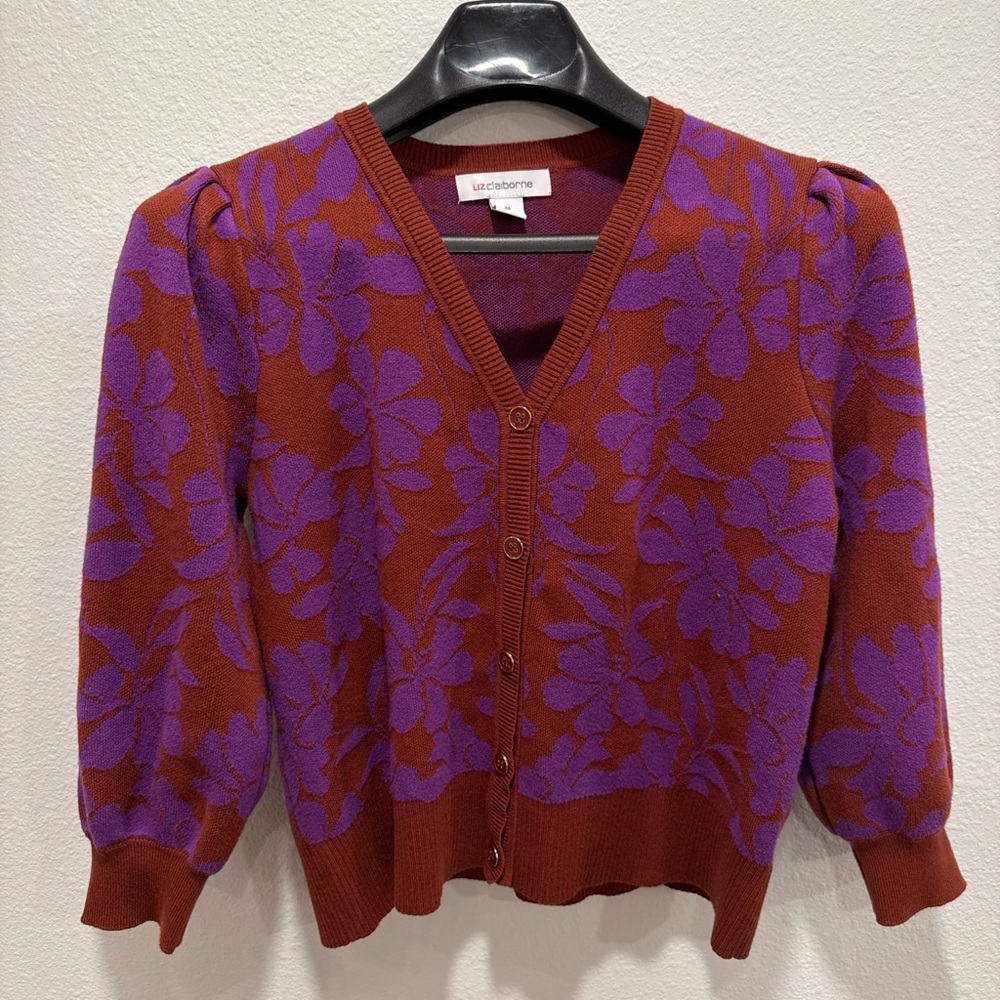 Surf Brand Vibes Liz Claiborne Neon Floral Cardigan | Purple & Brown | Medium